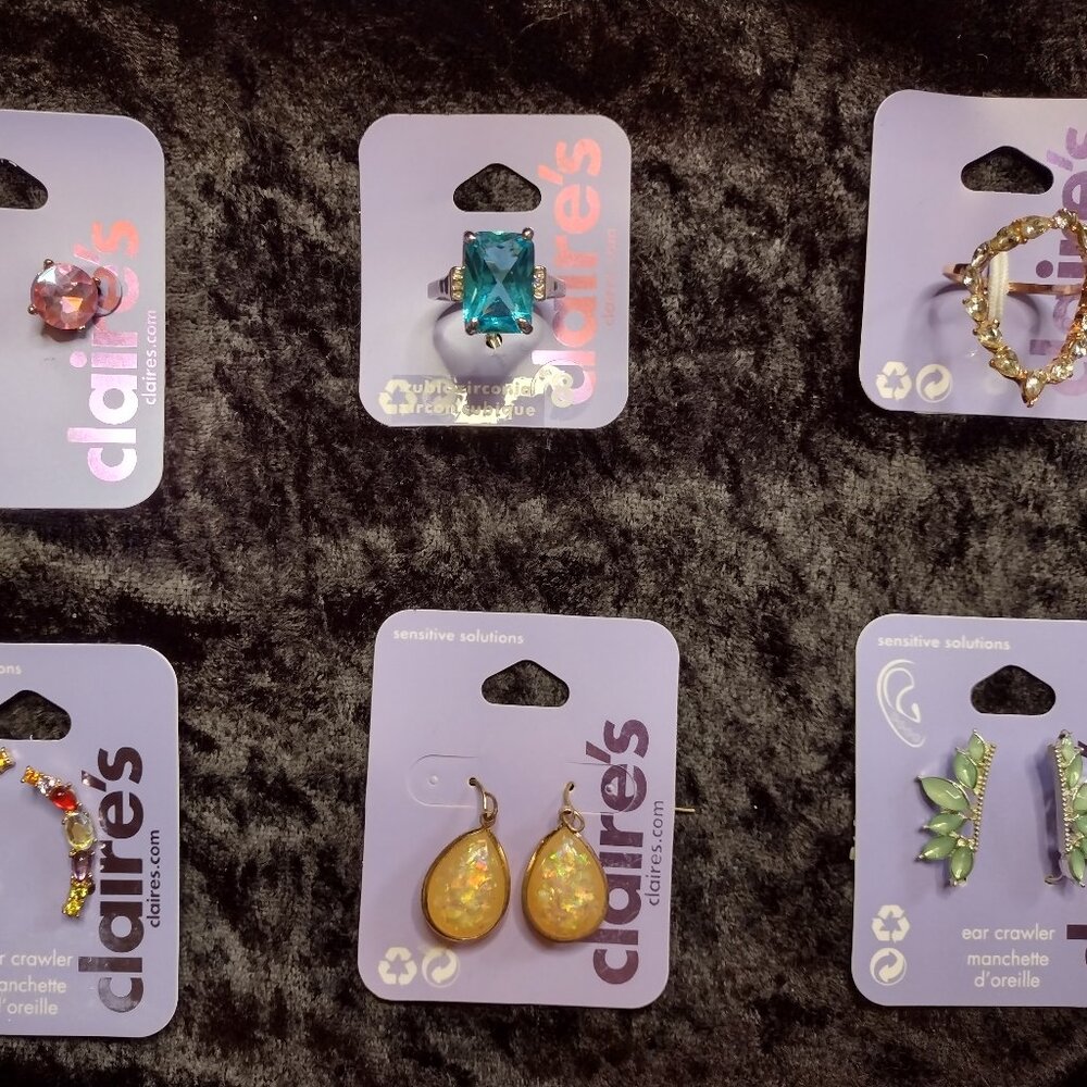 Lot New Claires Colored Faux Gemstone Rings Hypoallergenic Earrings Crawlers Set